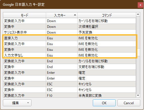 Google 日本語入力キー設定